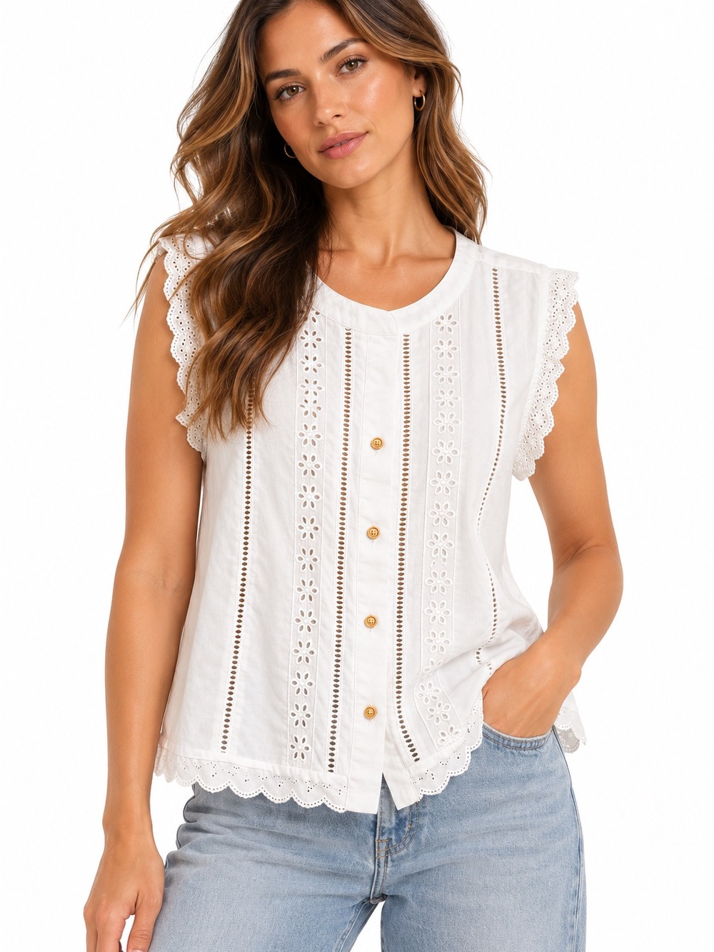 Zara White Eyelet Button-Front Sleeveless Blouse